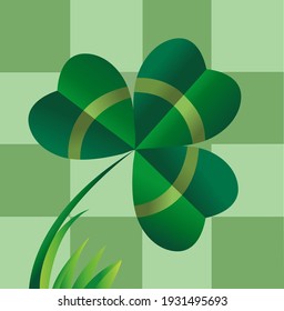 Clover. Irish shamrock leaf on a checkered background.Saint Patrick's Day holiday symbol.