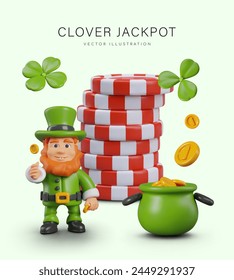 Clover jackpot. Happy leprechaun is standing next to stack of poker chips and pot of gold coins