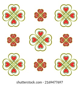 Clover knitted hearts seamless repeated pattern. Green four leaf clover, gold outline, made of red hearts knitted celtic knot on white background. Symbol for good fortune and eternal love. 