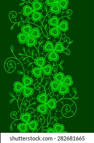 Clover Lace Ribbon. Vertical Seamless. Green Background.