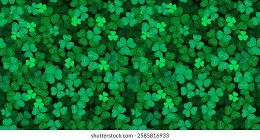 Clover leaf background or shamrock pattern for Patrick day background. Vector realistic shamrock clover leaves field background