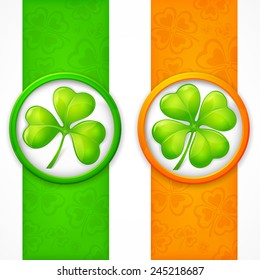 Clover leaf banners in green & orange, vector illustration for St. Patrick's day 