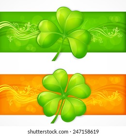 Clover leaf banners in green & orange, vector illustration for St. Patrick's day 