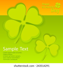 Clover leaf card in green & orange with text, vector illustration for St. Patrick's day 