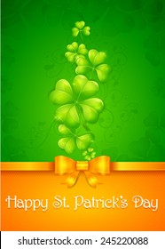 Clover leaf card in green & orange with text, vector illustration for St. Patrick's day 
