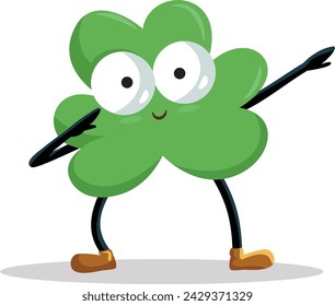 
Clover Leaf Cartoon Character Dabbing and Dancing Vector Illustration. Lucky trefoil dancing and celebrating during springtime festival
