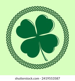 Clover leaf in Celtic Style Round frame. St. Patrick's Day label, badge or emblem. Vector illustration
