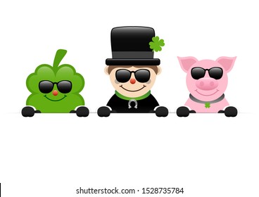 Clover Leaf, Chimney Sweeper And Pig With Sunglasses Holding Horizontal Banner