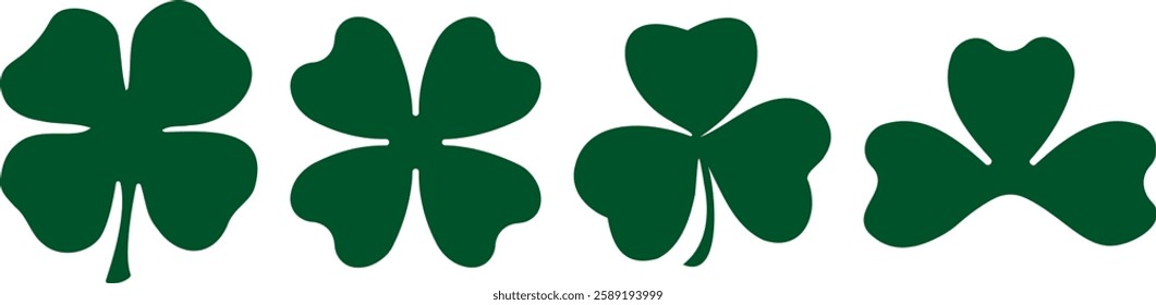 Clover leaf Collection with three and four petals, Green Shamrock vector icon on white background. St patricks day logo party elements for banner, postcards, invitation, posters, t-shirts. 