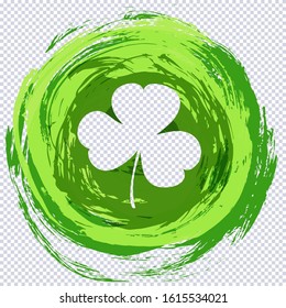 Clover leaf cut out template from round grunge green texture on transparent. St. Patrick's Day template shape with lucky shamrock clover for print, t-shirt, decorative festive design element.t-shirt, 