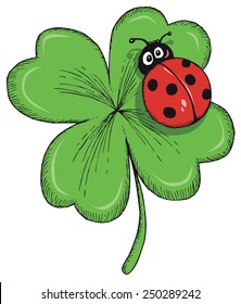 Clover Leaf with Cute Ladybug - Cartoon Illustration for Springtime - Lucky Symbols