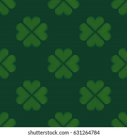 Clover leaf embroidery floral background. Green irish vector seamless pattern for saint patricks day decoration, dark color.