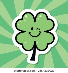 clover leaf emoji sticker, cute green badge on groovy background, retro style vector illustration for St Patrick s Day