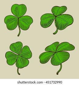 Clover leaf engraving style vector illustration. Scratch board style imitation
