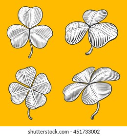 Clover leaf engraving style vector illustration. Scratch board style imitation