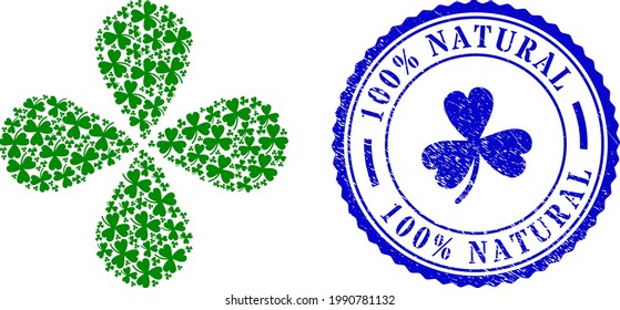 Clover leaf exploding composition, and blue round 100 Percents NATURAL rubber stamp with icon inside. Object flower composed from oriented clover leaf items. Vector flower collage in flat style.