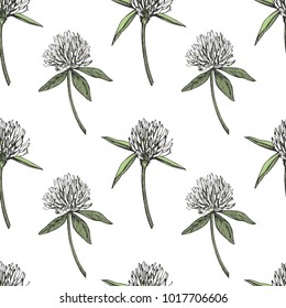 Clover leaf and flowers hand drawn seamless pattern graphic illustration. Happy Saint Patricks Day.