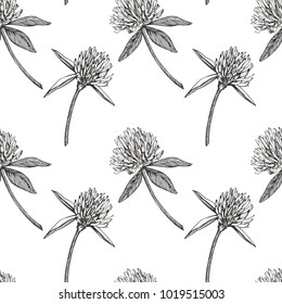 Clover leaf and flowers hand drawn seamless pattern graphic illustration. Happy Saint Patricks Day.
