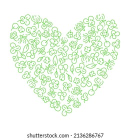 clover, leaf and flowers shaped in heart vector isolated illustration. 