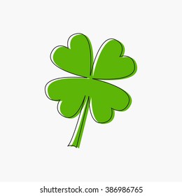 Clover leaf. Four petal green clover. Black line contour. Flat design. Isolated. White background Vector illustration