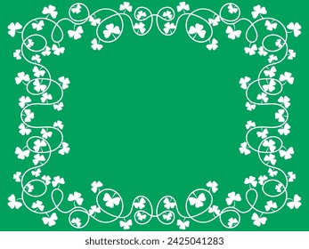 Clover leaf frame for St. Patrick's Day. Border with shamrocks. White silhouettes of clover leaves on a green background. Design for greeting cards, flyers and invitations. Vector illustration