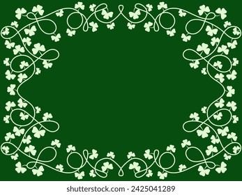 Clover leaf frame for St. Patrick's Day. Border with shamrocks. White silhouettes of clover leaves on a green background. Design for greeting cards, flyers and invitations. Vector illustration