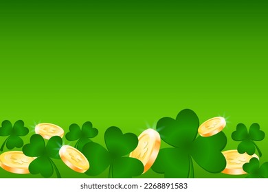 Clover leaf with gold money on green background. Happy St. Patrick's day template. Vector illustration for greeting card, invitation, social media post, banner, poster or flyer