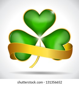 Clover leaf & gold ribbon, vector illustration for St. Patrick's day