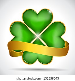 Clover leaf & gold ribbon, vector illustration for St. Patrick's day