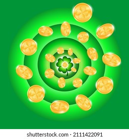 clover leaf and golden coins on green background. St. Patricks Day card. Irish holiday. colorful vector illustration.