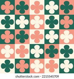Clover leaf green, pink, and white seamless pattern design - luck illustration with grid cover vector