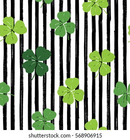 Clover leaf hand drawn doodle seamless pattern vector illustration. St Patrick's Day symbol, Irish lucky shamrock background.