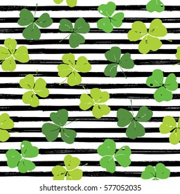 Clover leaf hand drawn doodle seamless pattern vector illustration. St Patrick's Day symbol, Irish lucky shamrock background.