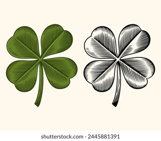 Clover leaf. Hand drawn clover leaf in engraving style. Lucky leaf illustration. Vintage clover leaf woodcut illustration.