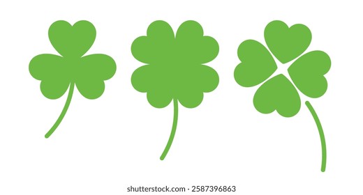 Clover leaf icon set. Shamrock icons, four leaf clover icons, St. Patrick's Day, Lucky clover, three leaf clover icon. Good luck leaf.
