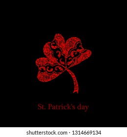 Clover leaf icon. The symbol of St. Patrick. Red glitter on a black background.