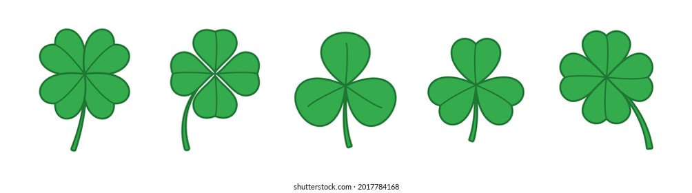 Clover leaf icons collection. Set of four and three leaf clovers. Lucky irish sign. Shamrock, trefoil silhouette. Santa Patrick's day symbol. Luck sign. Vector illustration