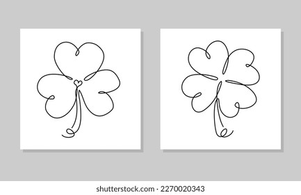 Clover leaf line art. Continuous one line sketch drawing isolated on white. Vector hand-drawn minimalistic Illustration. Set of different leaves. Modern art for St. Patrick's Day cover, print, poster.