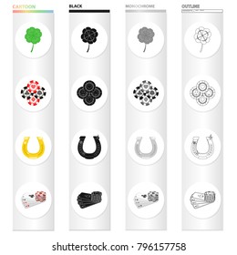 Clover leaf for luck, chips in the casino, gold horseshoe, cards and chips. Casino set collection icons in cartoon black monochrome outline style vector symbol stock isometric illustration web.
