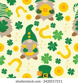 Clover leaf lucky Charms money with cute green gnomes hand drawn seamless pattern vector for invitation greeting birthday party celebration wedding card poster banner textiles wallpaper background