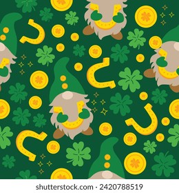 Clover leaf lucky Charms money with cute green gnomes hand drawn seamless pattern vector for invitation greeting birthday party celebration wedding card poster banner textiles wallpaper background