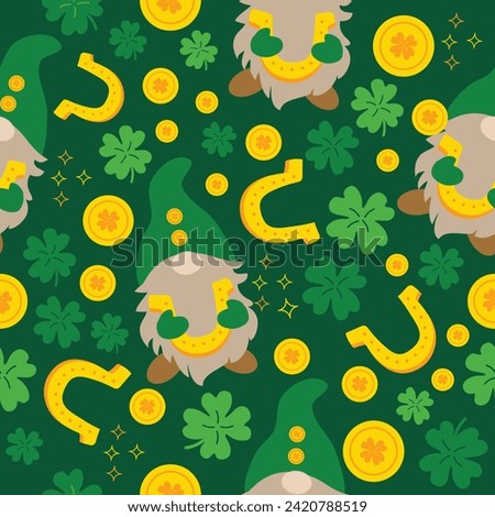 Clover leaf lucky Charms money with cute green gnomes hand drawn seamless pattern vector for invitation greeting birthday party celebration wedding card poster banner textiles wallpaper background