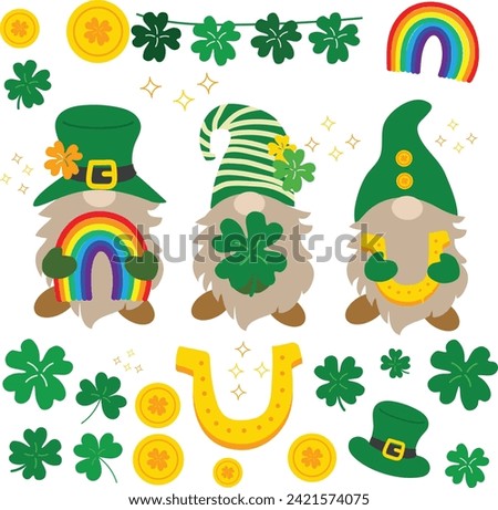 Clover leaf lucky Charms money with cute green gnomes hand drawn elements vector for invitation greeting birthday party celebration wedding card poster banner textiles wallpaper background