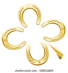 Clover leaf made of four golden horseshoes as a symbol for good luck. Isolated vector illustration on white background.