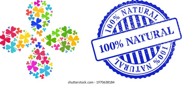 Clover leaf multi colored explosion flower with four petals, and blue round 100 percent NATURAL textured stamp. Object flower with 4 petals organized from random clover leaf symbols.