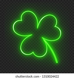 A clover leaf on a dark background with a neon light effect for a festive decoration for St. Patrick's Day. Vector illustration with the symbol of the Irish holiday

