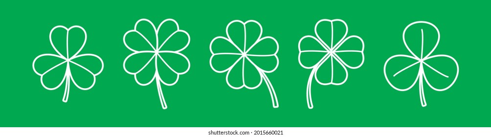 Clover leaf outline icons collection. Set of four and three leaf clovers. Lucky irish sign. Shamrock, trefoil silhouette. Santa Patrick's day symbol. Luck sign. Green leaves. Vector illustration