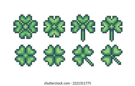 Clover leaf pixel art set. Fortune symbol shamrock collection. Trefoil lucky flower. 8 bit sprite. Game development, mobile app.  Isolated vector illustration.