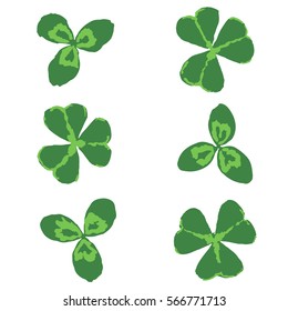 Clover leaf plant icon set. Shamrock symbol for St. Patrick's Day and luck. Trefoil. Hand drawing. Vector illustration isolated on white.
