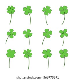 Clover leaf plant icon set. Shamrock symbol for St. Patrick's Day and luck. Vector illustration isolated on white.